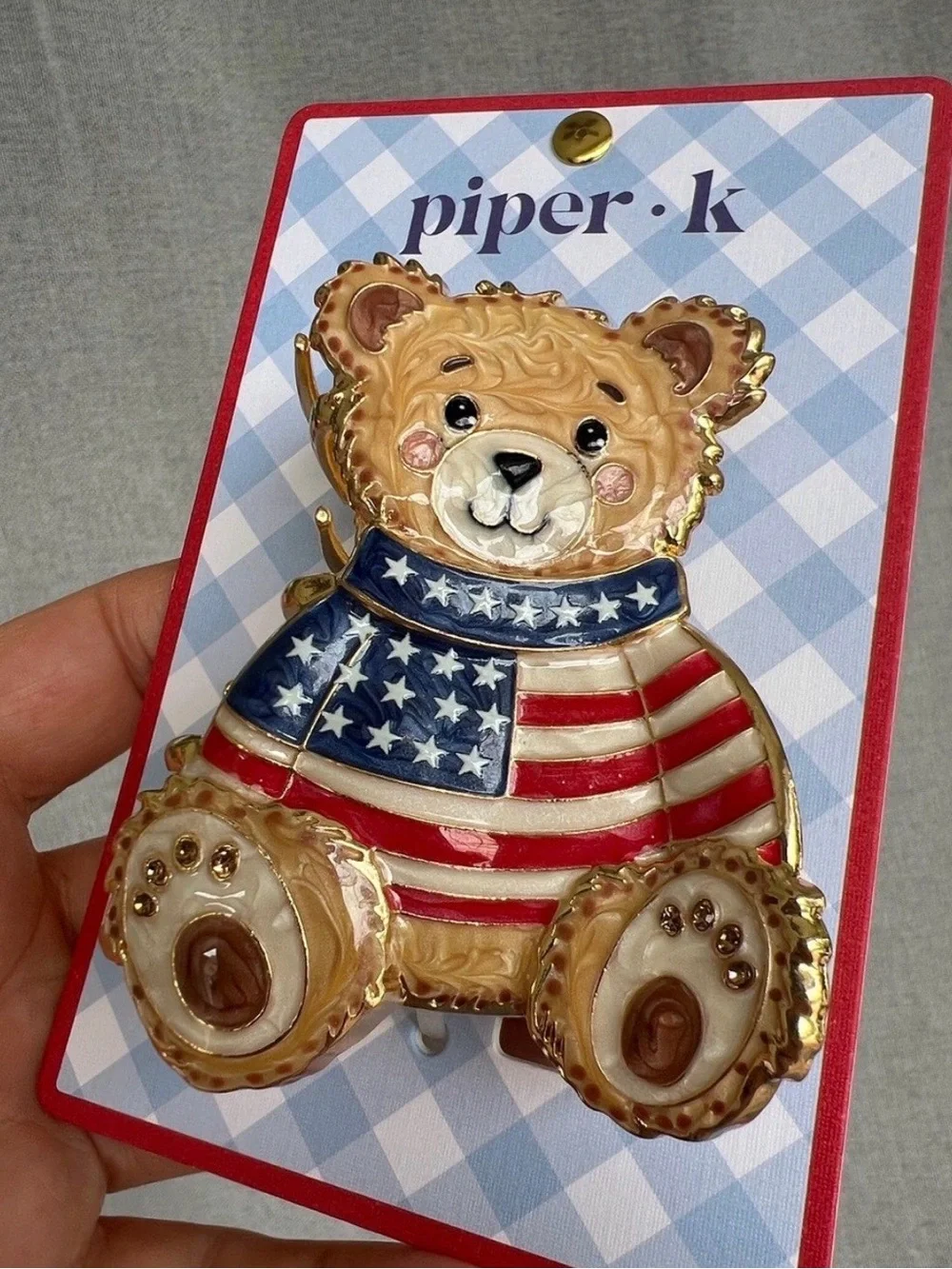 NWT Piper K Teddy Bear American Flag Patriotic Gold Metal claw jaw clip